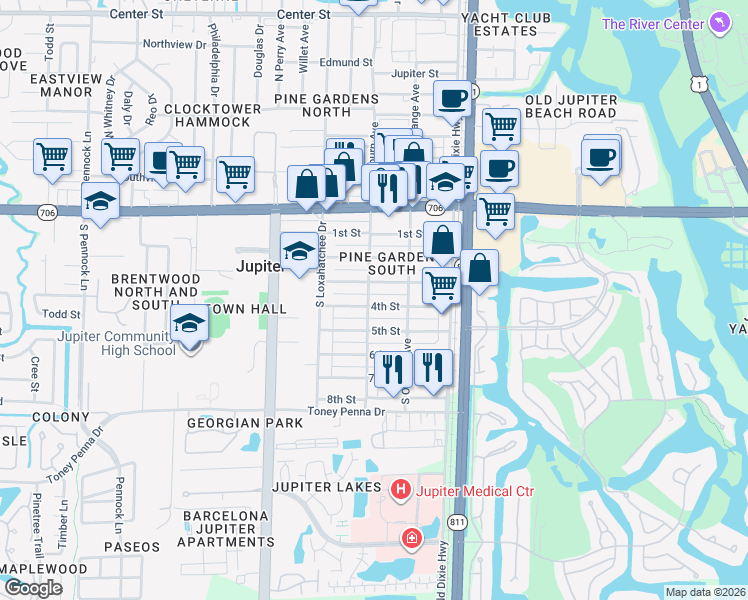 map of restaurants, bars, coffee shops, grocery stores, and more near 309 South Hepburn Avenue in Jupiter