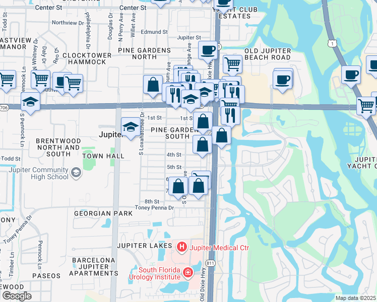 map of restaurants, bars, coffee shops, grocery stores, and more near 149 4th Street in Jupiter