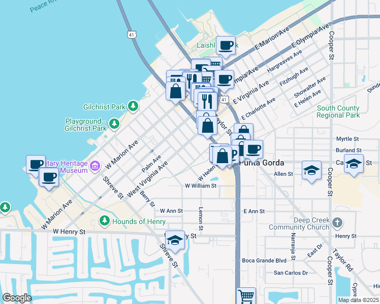 map of restaurants, bars, coffee shops, grocery stores, and more near 405 West Virginia Avenue in Punta Gorda
