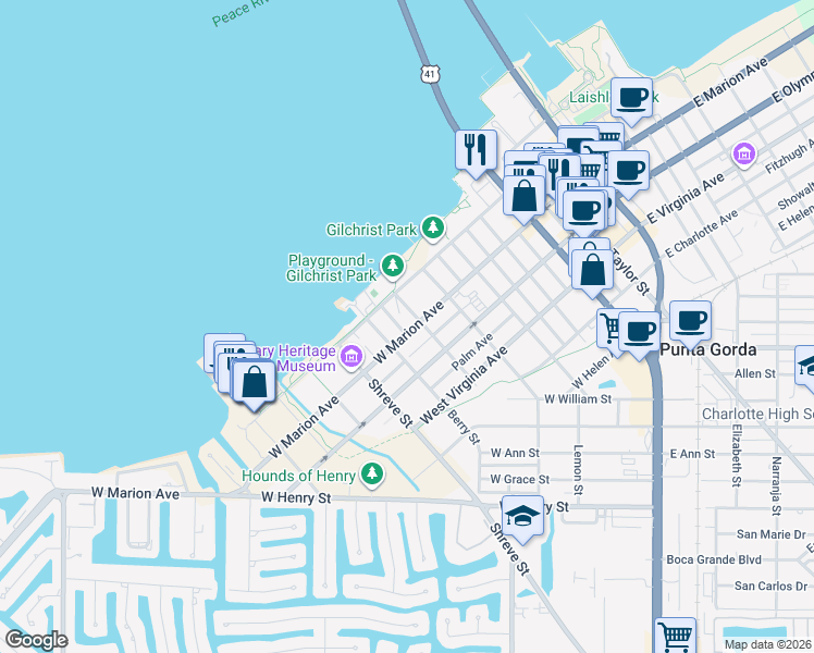 map of restaurants, bars, coffee shops, grocery stores, and more near 116 Dolly Street in Punta Gorda