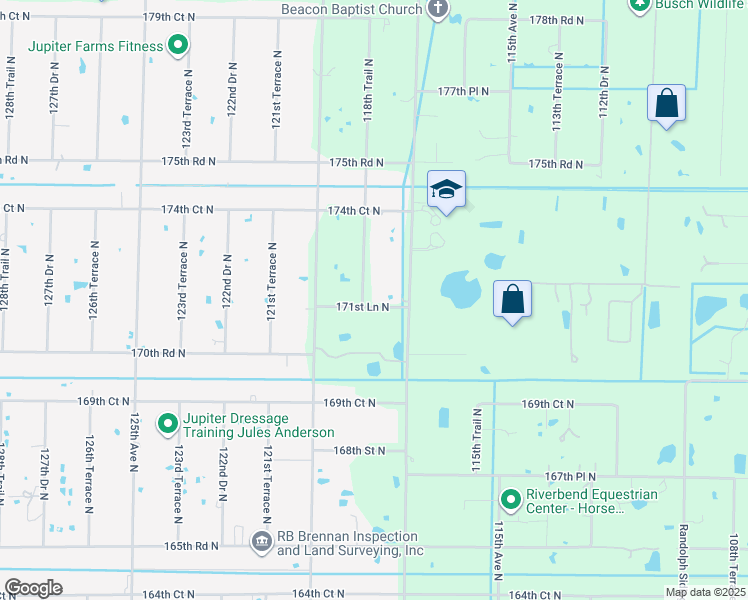 map of restaurants, bars, coffee shops, grocery stores, and more near 17224 118th Terrace North in Jupiter