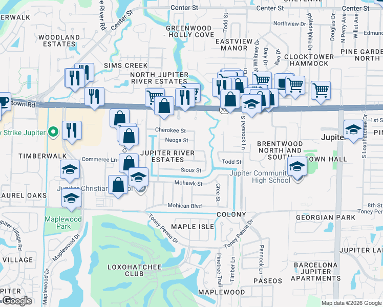 map of restaurants, bars, coffee shops, grocery stores, and more near 1111 Choctaw Street in Jupiter