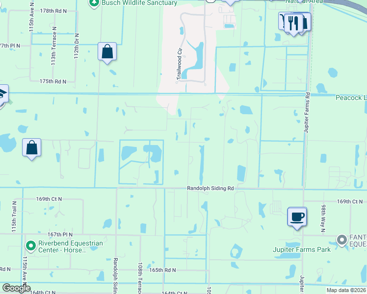 map of restaurants, bars, coffee shops, grocery stores, and more near 17187 Wildwood Road in Jupiter