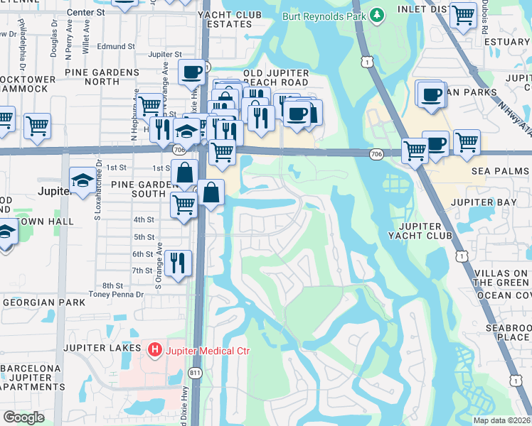 map of restaurants, bars, coffee shops, grocery stores, and more near 3727 Cape Pointe Circle in Jupiter