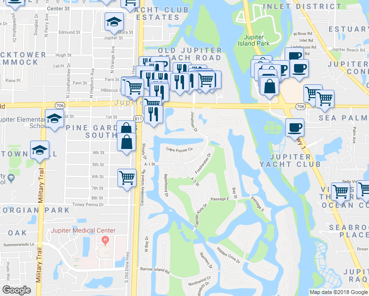 map of restaurants, bars, coffee shops, grocery stores, and more near 3733 Cape Pointe Circle in Jupiter
