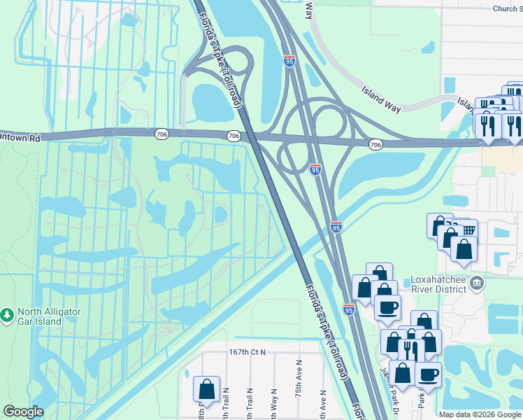 map of restaurants, bars, coffee shops, grocery stores, and more near 230 Tresana Boulevard in Jupiter