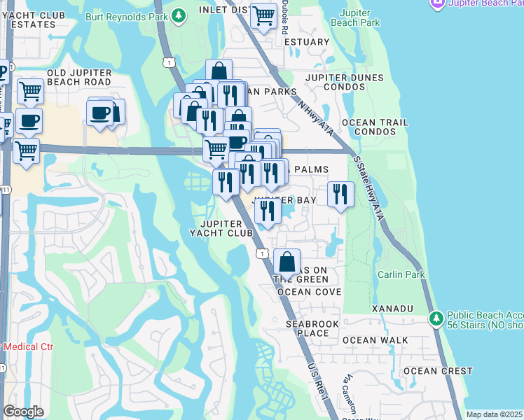 map of restaurants, bars, coffee shops, grocery stores, and more near 353 U.S. 1 in Jupiter