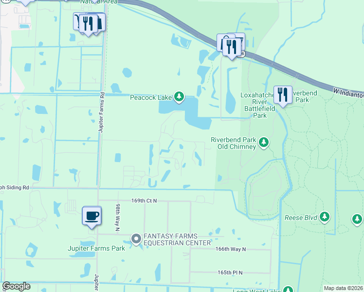 map of restaurants, bars, coffee shops, grocery stores, and more near 9645 172nd Street North in Jupiter