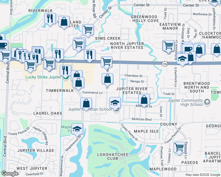 map of restaurants, bars, coffee shops, grocery stores, and more near 407 Commerce Way in Jupiter