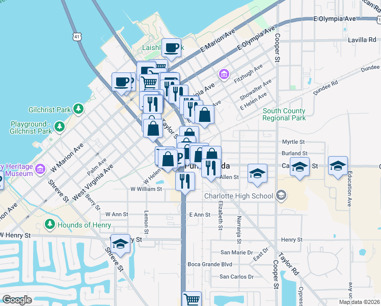 map of restaurants, bars, coffee shops, grocery stores, and more near 915 Taylor Street in Punta Gorda