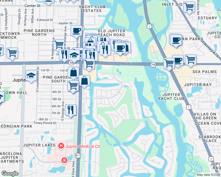 map of restaurants, bars, coffee shops, grocery stores, and more near 3727 Cape Pointe Circle in Jupiter