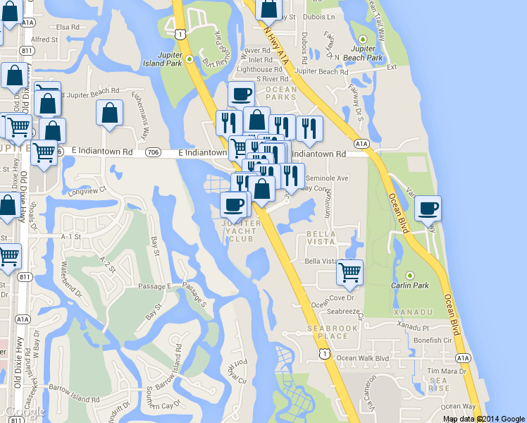 map of restaurants, bars, coffee shops, grocery stores, and more near 351 Florida 5 in Jupiter