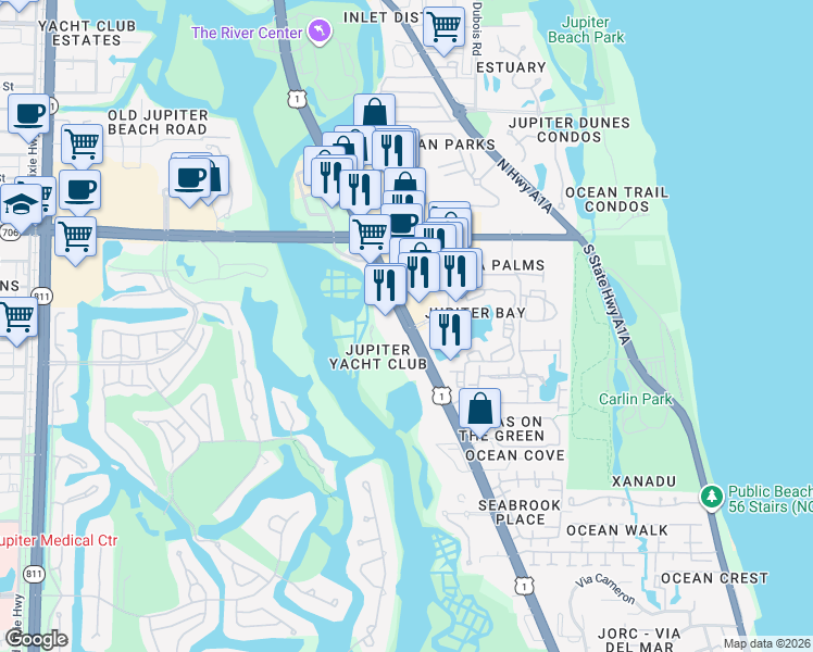 map of restaurants, bars, coffee shops, grocery stores, and more near 334 U.S. Highway 1 in Jupiter