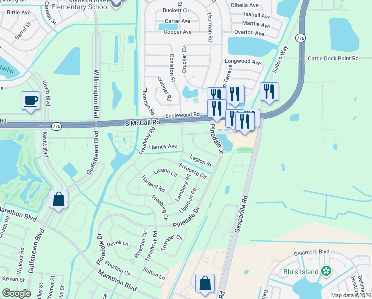 map of restaurants, bars, coffee shops, grocery stores, and more near 6976 Cheerful Street in Port Charlotte