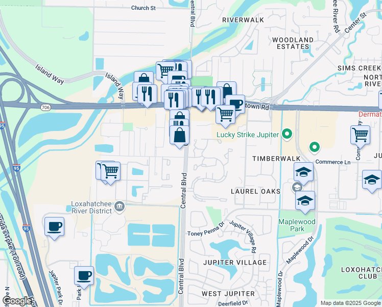 map of restaurants, bars, coffee shops, grocery stores, and more near 6548 Chasewood Drive in Jupiter