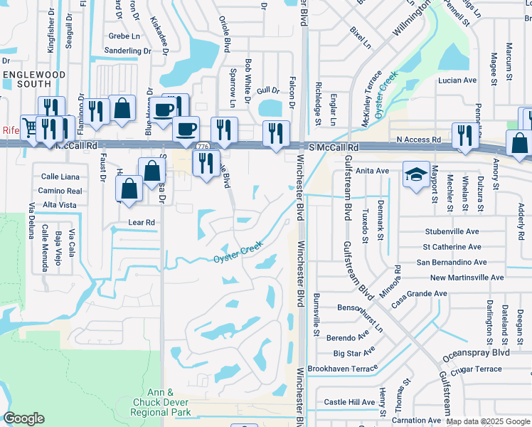 map of restaurants, bars, coffee shops, grocery stores, and more near 8485 Creekview Lane in Englewood