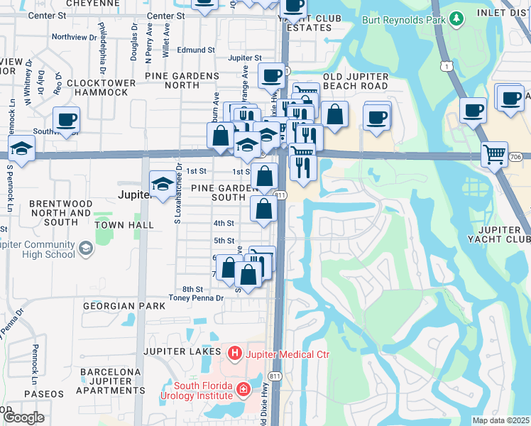 map of restaurants, bars, coffee shops, grocery stores, and more near 312 South Old Dixie Highway in Jupiter