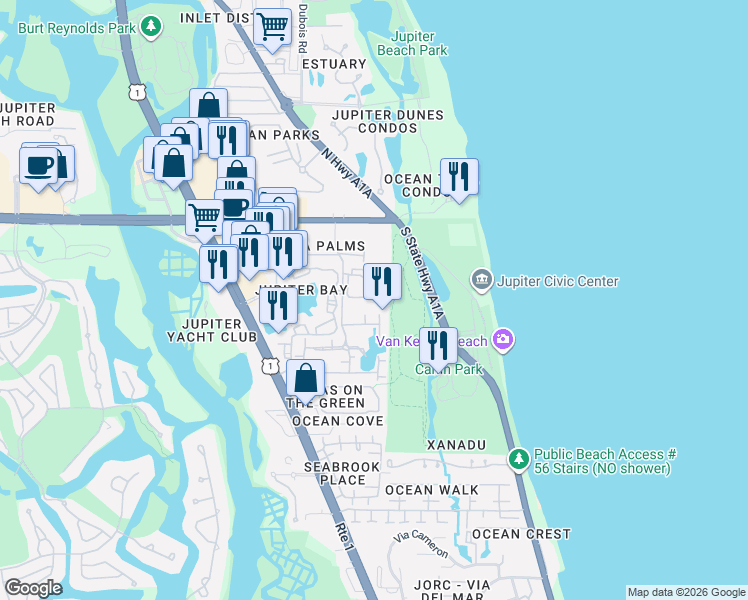 map of restaurants, bars, coffee shops, grocery stores, and more near 120 Bella Vista Court North in Jupiter