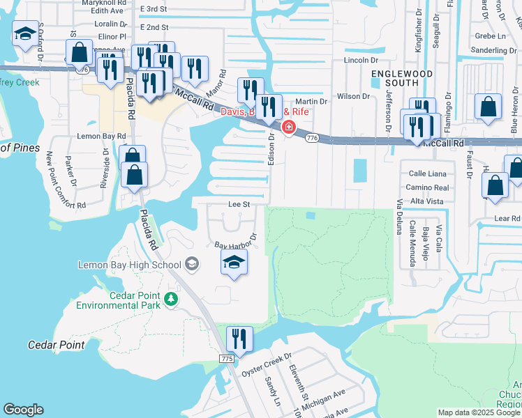 map of restaurants, bars, coffee shops, grocery stores, and more near 1099 Bay Harbor Drive in Englewood