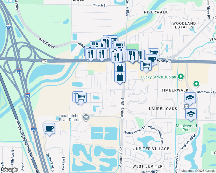 map of restaurants, bars, coffee shops, grocery stores, and more near 17268 Sapp Place in Jupiter