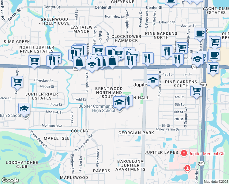 map of restaurants, bars, coffee shops, grocery stores, and more near 305 Circle East in Jupiter