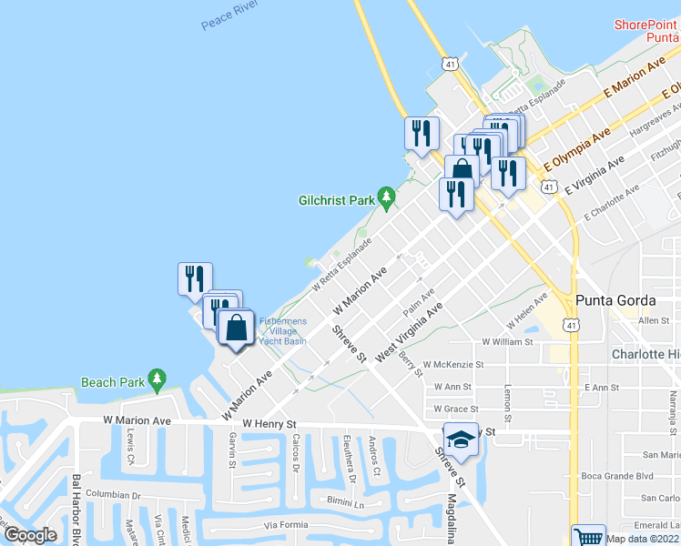 map of restaurants, bars, coffee shops, grocery stores, and more near 750 West Retta Esplanade in Punta Gorda