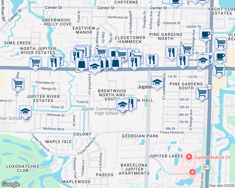 map of restaurants, bars, coffee shops, grocery stores, and more near 305 Circle East in Jupiter