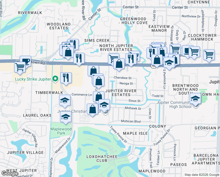 map of restaurants, bars, coffee shops, grocery stores, and more near 401 South Delaware Boulevard in Jupiter