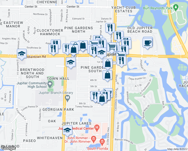 map of restaurants, bars, coffee shops, grocery stores, and more near 210 3rd Street in Jupiter