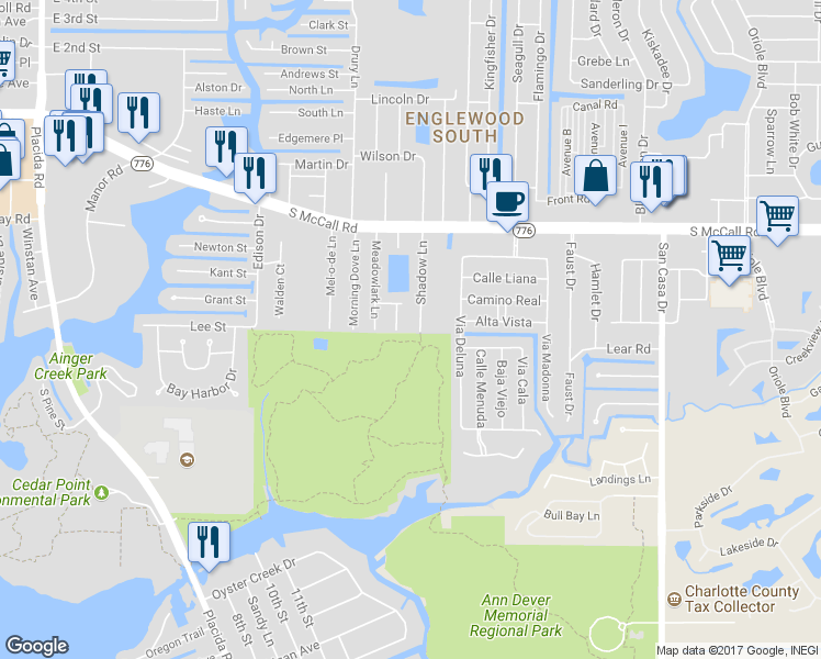 map of restaurants, bars, coffee shops, grocery stores, and more near 1900 Shadow Lane in Englewood