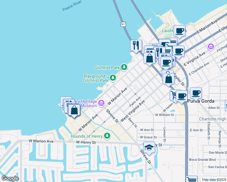 map of restaurants, bars, coffee shops, grocery stores, and more near 116 Dolly Street in Punta Gorda