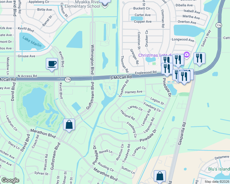 map of restaurants, bars, coffee shops, grocery stores, and more near 135 Seaview Circle in Port Charlotte