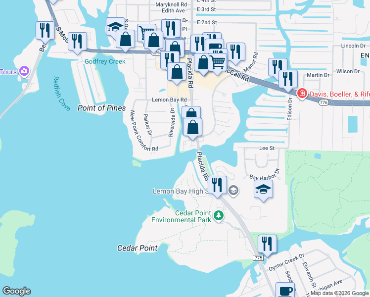 map of restaurants, bars, coffee shops, grocery stores, and more near 1765 Manor Road in Englewood
