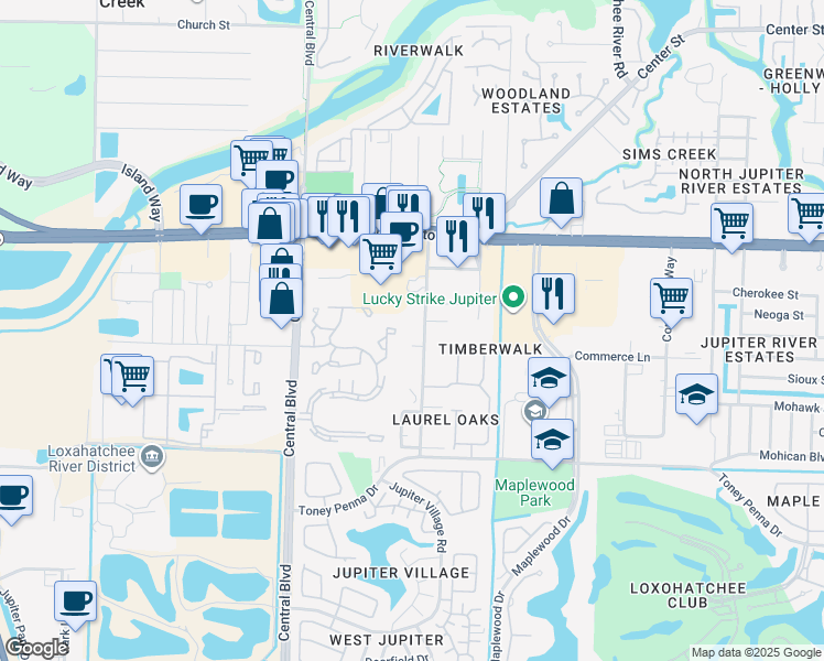 map of restaurants, bars, coffee shops, grocery stores, and more near 350 Bush Road in Jupiter