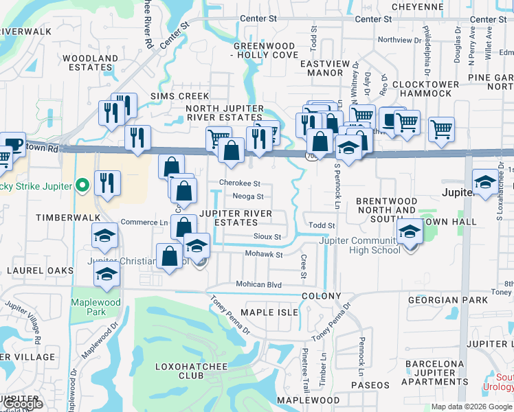 map of restaurants, bars, coffee shops, grocery stores, and more near 1111 Choctaw Street in Jupiter