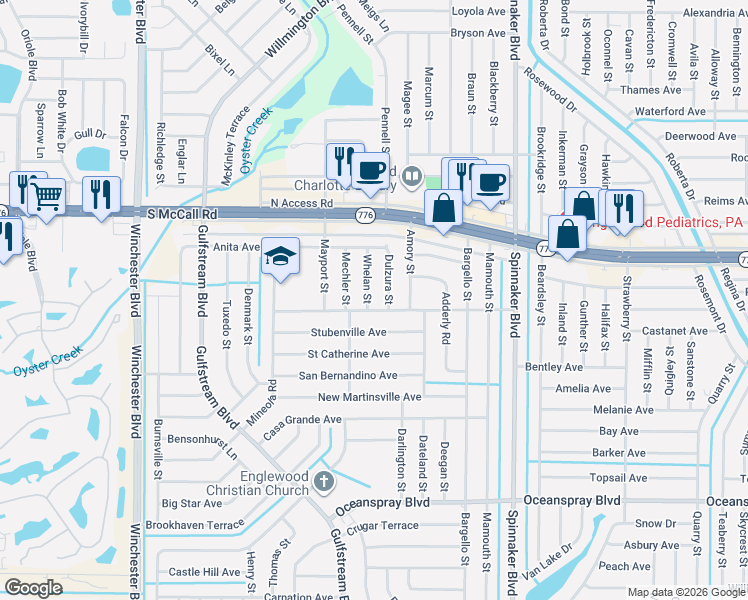 map of restaurants, bars, coffee shops, grocery stores, and more near 6518 Whelan Street in Englewood