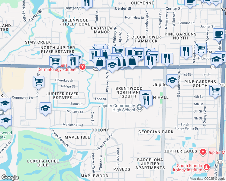 map of restaurants, bars, coffee shops, grocery stores, and more near 207 Pennock Trace Drive in Jupiter