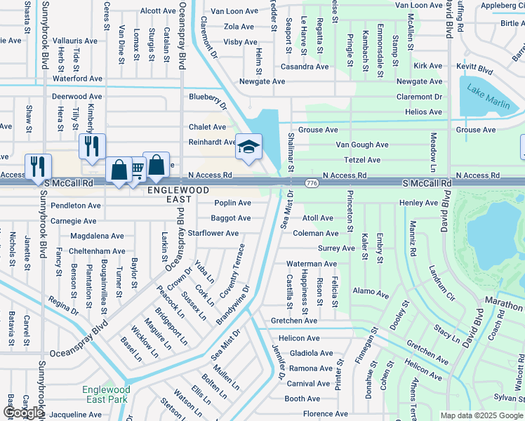 map of restaurants, bars, coffee shops, grocery stores, and more near 6989 Brandywine Drive in Englewood
