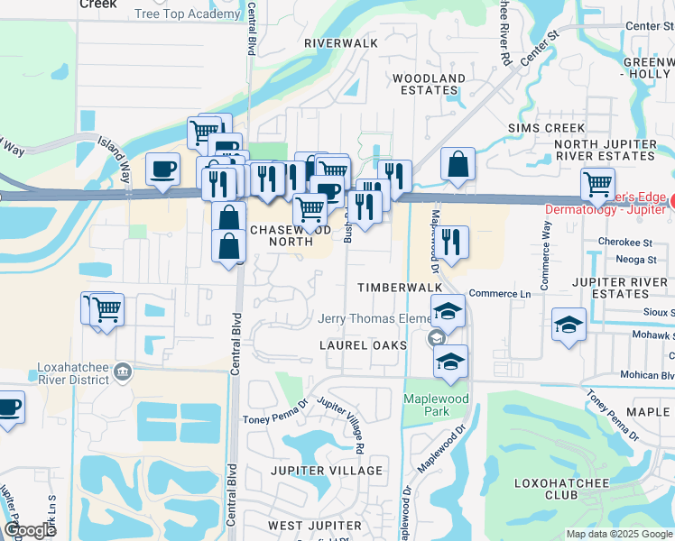 map of restaurants, bars, coffee shops, grocery stores, and more near 350 Bush Road in Jupiter