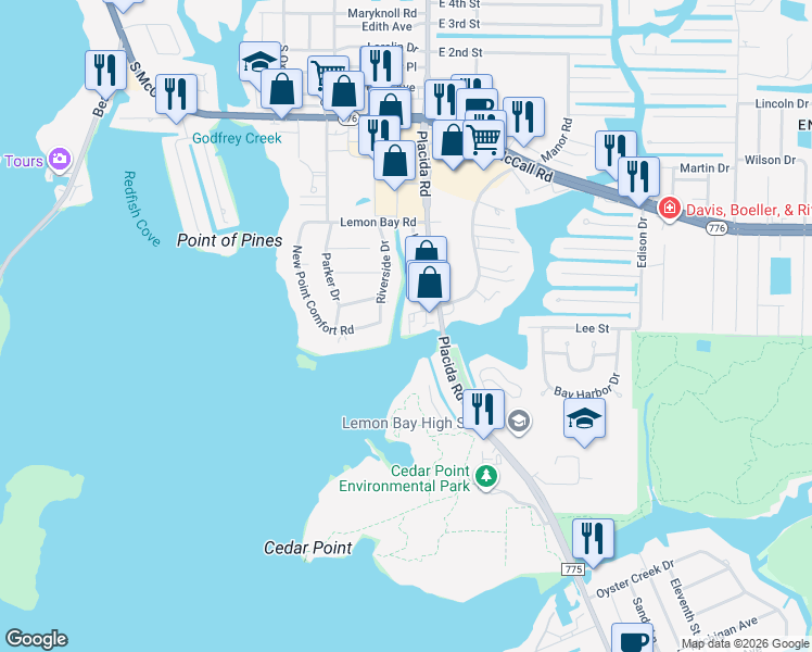 map of restaurants, bars, coffee shops, grocery stores, and more near 1765 Manor Road in Englewood
