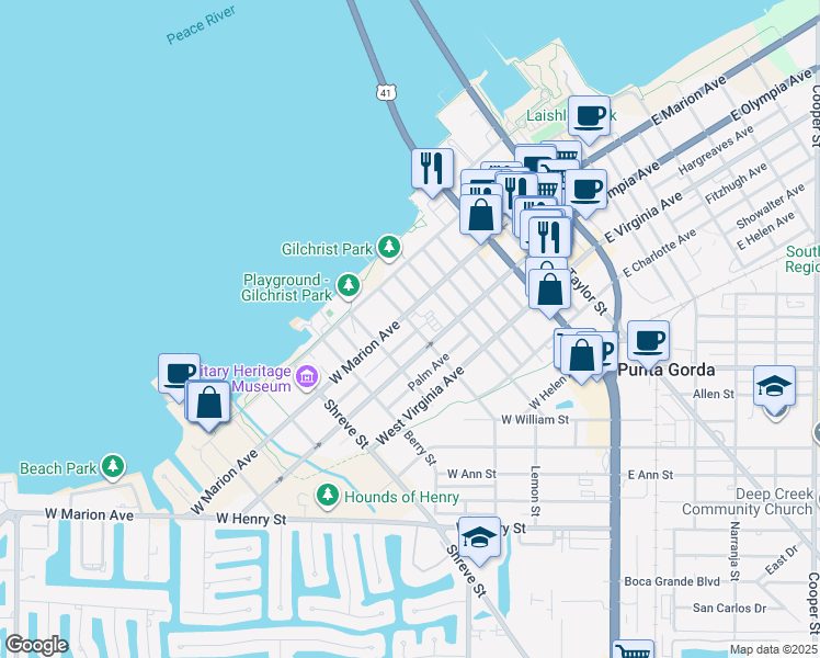 map of restaurants, bars, coffee shops, grocery stores, and more near 621 West Marion Avenue in Punta Gorda