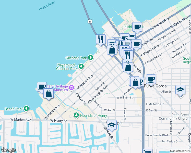 map of restaurants, bars, coffee shops, grocery stores, and more near 621 West Marion Avenue in Punta Gorda