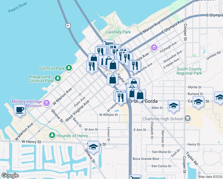 map of restaurants, bars, coffee shops, grocery stores, and more near 425 Cross Street in Punta Gorda