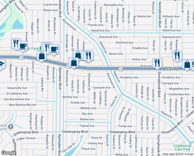 map of restaurants, bars, coffee shops, grocery stores, and more near 10190 Winstead Avenue in Englewood