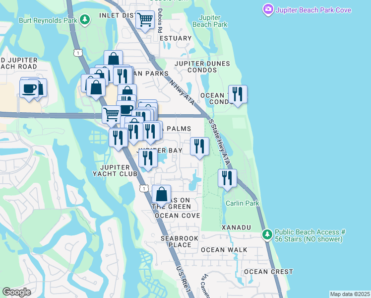 map of restaurants, bars, coffee shops, grocery stores, and more near 275 Palm Avenue in Jupiter