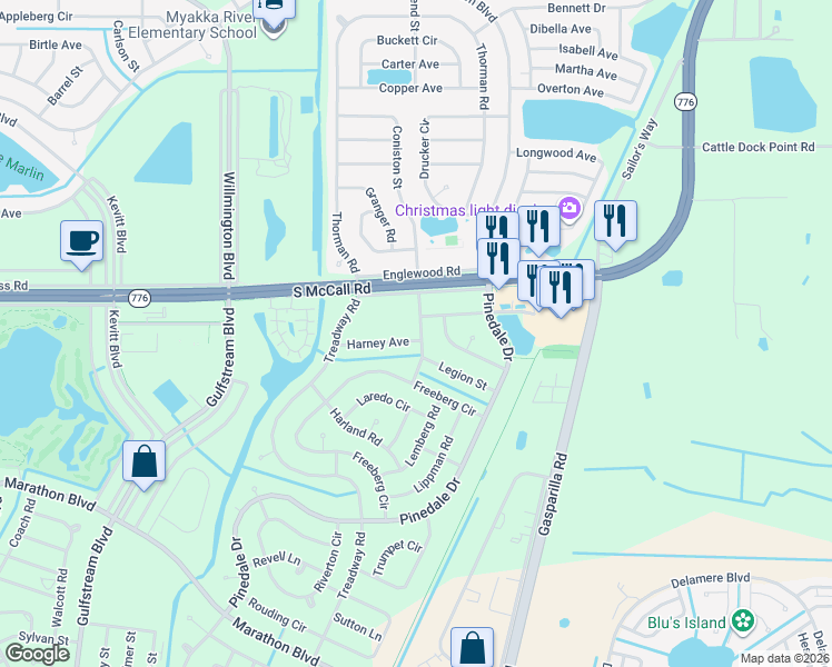 map of restaurants, bars, coffee shops, grocery stores, and more near 13334 Harney Avenue in Port Charlotte