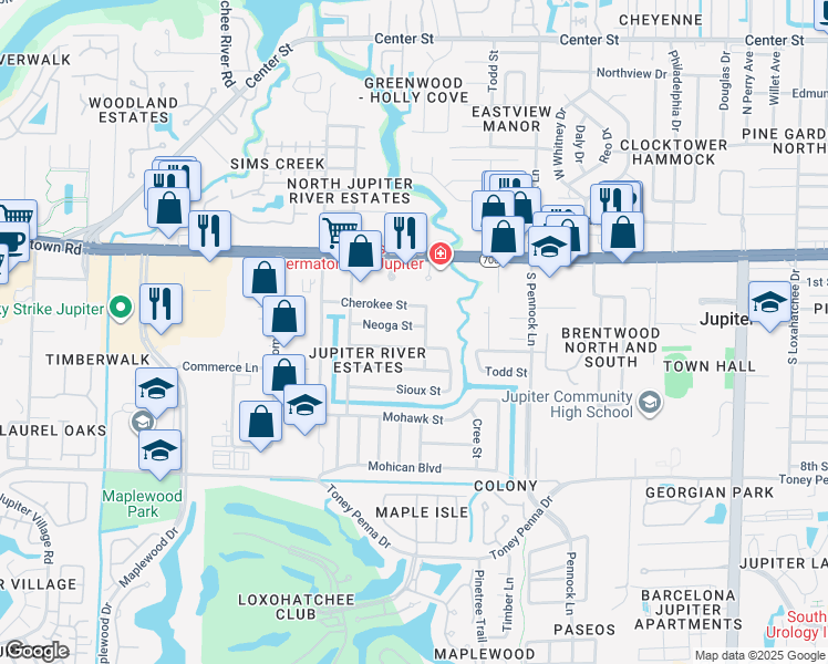 map of restaurants, bars, coffee shops, grocery stores, and more near 1111 Choctaw Street in Jupiter