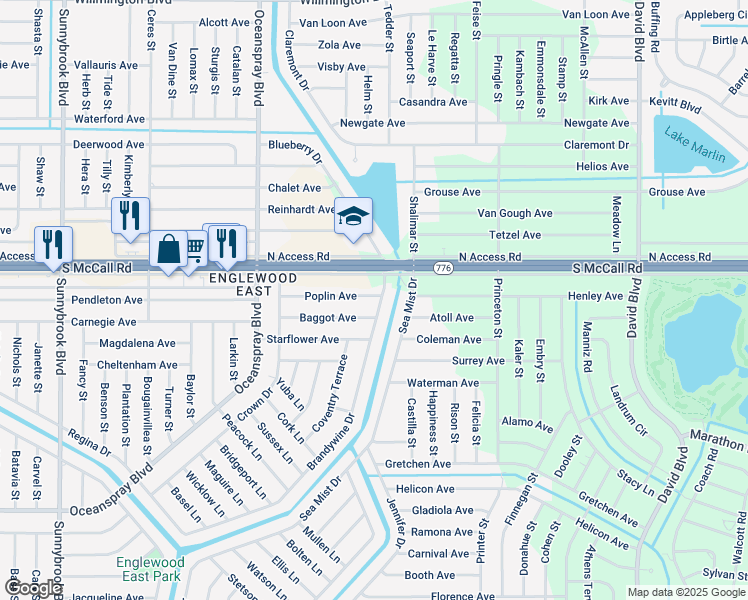 map of restaurants, bars, coffee shops, grocery stores, and more near 6989 Brandywine Drive in Englewood