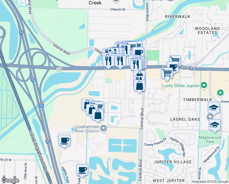 map of restaurants, bars, coffee shops, grocery stores, and more near 17276 Lincoln Lane in Jupiter