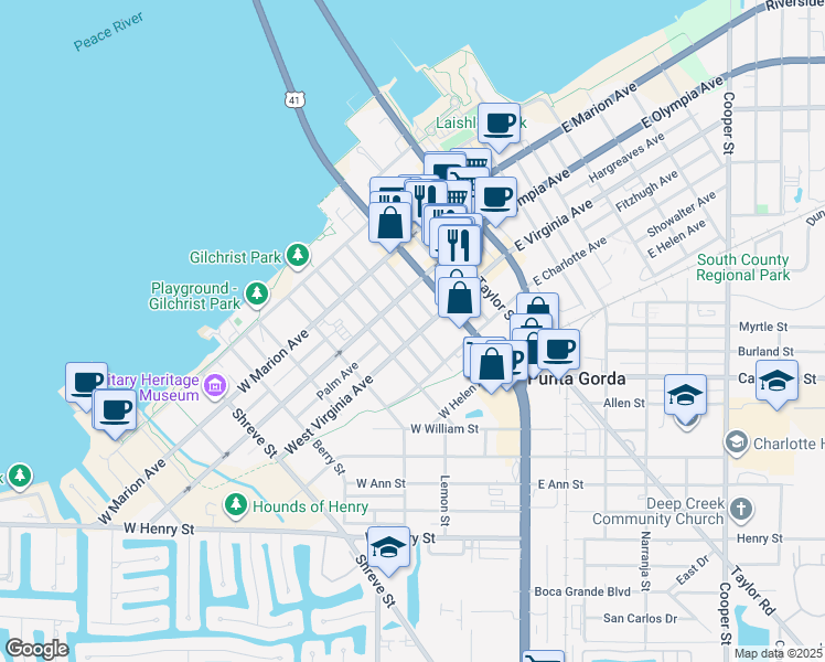 map of restaurants, bars, coffee shops, grocery stores, and more near 405 West Virginia Avenue in Punta Gorda